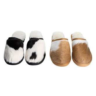 Generic Womens Indoor Slippers | Cowhide and Sheepskin | Cow Print or Brown | Women Slippers | Luxury House Shoes (TAN & WHITE, UK Footwear Size System, Adult