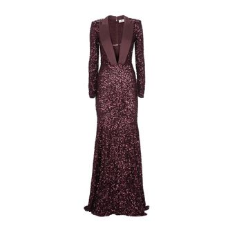 Elisabetta Franchi Kleedjes, Dames, Rood, M, Pailletten, Bordeaux Paillettenjurk met Reverskraag