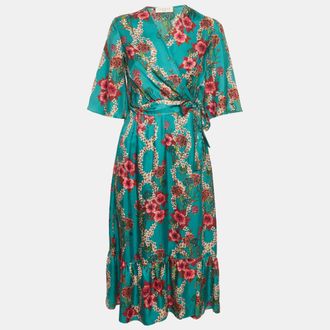 Sandro Turquoise Floral Print Silk Midi Wrap Dress