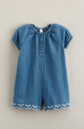 Nordstrom Embroidered Chambray Romper in Mid Gem Wash at Nordstrom, Size 12M