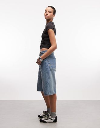 Vans Cinched Check 5 - Pantaloncini ampi blu medio lavaggio stone wash/blu