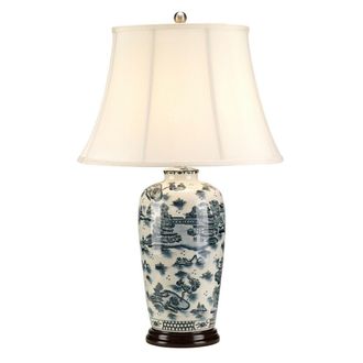 Loops Table Lamp Buildings & Willow Tree Design Cream Shade Blue LED E27 60W