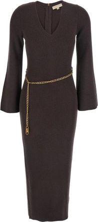 Michael Kors Wollen Midi-jurk met Ceintuur - Dames - Kleedjes - Bruin - M - Wol - Kleedjes