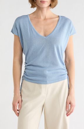 Max Studio Side Ruched Short Sleeve V-Neck Sweater in Light Blue at Nordstrom Rack, Size X-Small