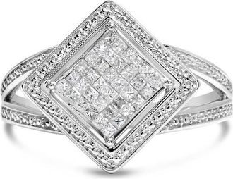 House of Brilliance 925 Sterling Silver 1/3 Cttw Invisible Set Princess-Cut Diamond Rhombus and Beaded Halo Ring