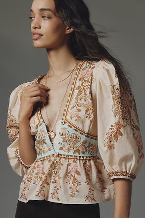 Farm Rio x Anthropologie Bubble-Sleeve V-Neck Peplum Top