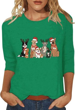 Generic Womens Christmas Top Christmas Tree Print Funny Blouse Classic-Fit 3/4 Length Sleeve Tees Round Neck Funny Clothes Christmas Casual Shirts (Green, XXL