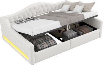 STILVORA Cama Div&aacute;n 140 X 200 Cm De Mdf Con Arc&oacute;n, Led Ajustable Y Cabecero Tapizado, Sin Colch&oacute;n, Beige