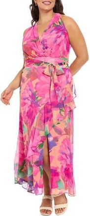 London Times Tie Waist Maxi Dress in Peach/Pink at Nordstrom Rack, Size 16W