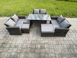 Fimous Wicker PE Rattan Garden Furniture Sets Outdoor Lounge Sofa Set with Oblong Dining Table Double Seat Sofa 3 Footstools in Dark Grey