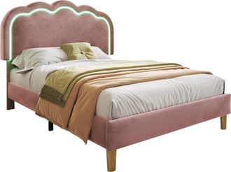 STILVORA Cama Individual 90 X 190 Cm De Terciopelo Con Cabecero Ajustable, Cabecero Tapizado Y Led, Sin Colch&oacute;n, Rosa
