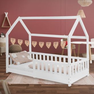 ML Design Ml-design Cama Infantil Casa Blanca 80x160 Cm De Madera De Pino Con Protecci&oacute;n Antica&iacute;da, Techo Y Somier Estructura De Listones, Cuna De Suelo Maciza,