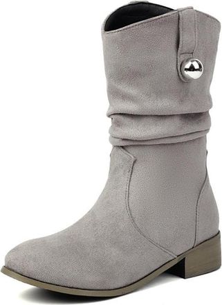Generic Womens Slouch Mid Calf Boots With Metal Button Suede-Like Material Comfortable Slip Resistant Durable For Casual Daily Streetwear Fall Winter,Grey,4.5