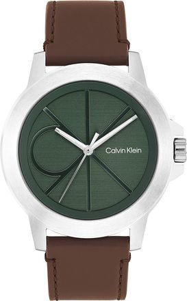 Calvin Klein Mens Emblem Dial Leather Strap Watch - Green - OS