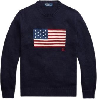 Polo Ralph Lauren Amerikaanse Vlag Iconische Gebreide Trui - Heren - Ronde hals truien - Blauw - M - Katoen - Truien & Vesten