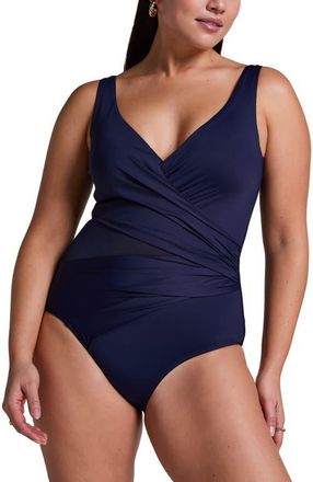 Hunkem&ouml;ller Shaping Shell Mesh Swimsuit in Evening Blue at Nordstrom, Size X-Large