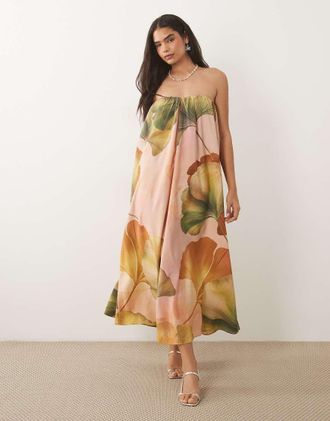 Asos Vestito lungo a fascia arricciato rosa con stampa di palme-Multi