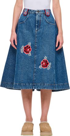 MOLLY GODDARD A-Line Denim Midi Skirt With Decorative Embroidery And Distinctive Piping