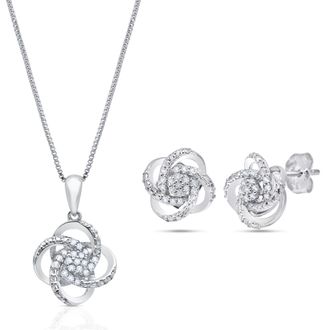 MAX + STONE Sterling Silver 1/4 Carat Natural Diamond Love Knot Earrings & Pendant Necklace