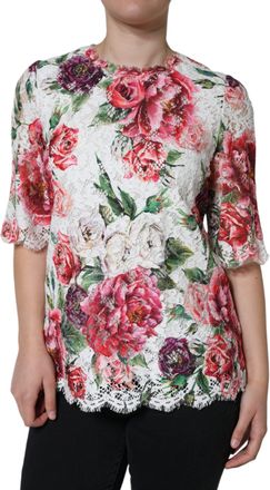 Dolce & Gabbana Womens White Peony Lace Short Sleeves Blouse Top Cotton Nylon Viscose