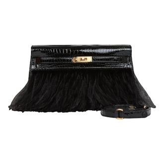 Herm&egrave;s Herm&egrave;s Kelly Elan Folie Black Crocodile Porosus Lisse Noir / Ostrich Feather And Gold Hardware