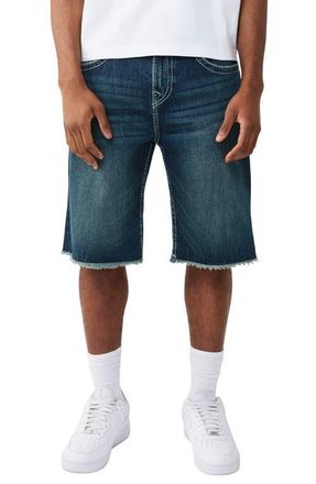 True Religion Vinny Big T Flap Fray Hem Denim Shorts in Medium Wash at Nordstrom, Size 34