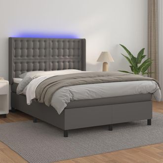 vidaXL Vidaxl - Cama Box Spring Colch&oacute;n Y Led Cuero Sint&eacute;tico Gris 140x190 Cm