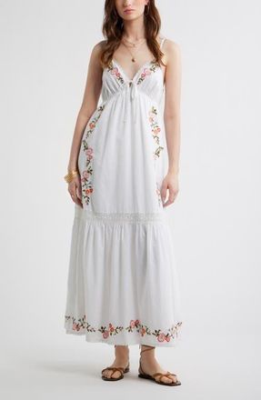 Treasure & Bond Floral Lace Trim Babydoll Maxi Dress in White Multi Emb Floral at Nordstrom, Size Xx-Large