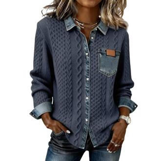 Generic Womens Retro Knitted Denim Shirt Autumn and Winter, Patchwork Jean Trim Long Sleeve Collared Button Placket Casual Top (Blue,3XL)