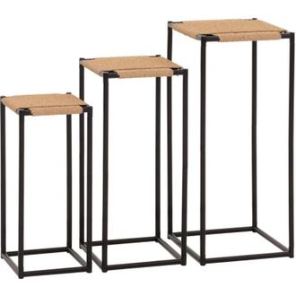 Hhg non utilizzato] Set di 3 tavolini da fiori 266, tavolino dappoggio, portafiori, impilabile, corda di carta metallo, naturale