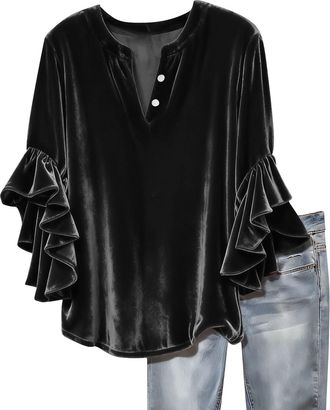 Generic Velvet Tops for Women UK Henley V Neck 3/4 Ruffle Sleeve Velour Tunic Tops Trendy Casual Party Outfits Ladies Blouses Spring Clothes (Black,Size 24-26