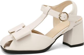 Generic Womens Square Toe Summer T-Strap Sandals with Chunky Heel & Buckle Closure, for Casual & Wedding Evening Prom,Beige,7.5 UK