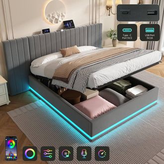 Matteo King Ottoman Storage Bed Frame - Velvet, LED & Charging Station in Grey
