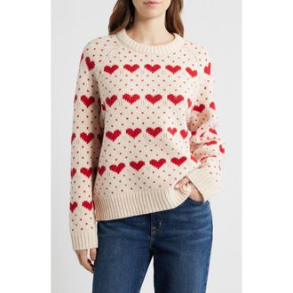 The Great. The Intarsia Heart Wool Blend Sweater in Pearl W/Red at Nordstrom, Size 2