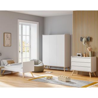 Vox Chambre Compl&egrave;te Lit &Eacute;volutif 70x140 Commode &Agrave; Langer Et Armoire 3 Portes Vox Vintage Blanc Et Bois