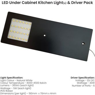 Loops 6x MATT BLACK Ultra-Slim Rectangle Under Cabinet Kitchen Light & Driver Kit - Natural White LED