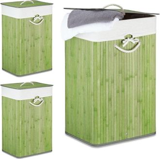 Relaxdays Relaxdays, Set 3x Bamboo Laundry Basket, with Lid, Rectangular, XL, 83L, Foldable Bin, HWD: 65.5 x 43.5 x 33.5cm, Green