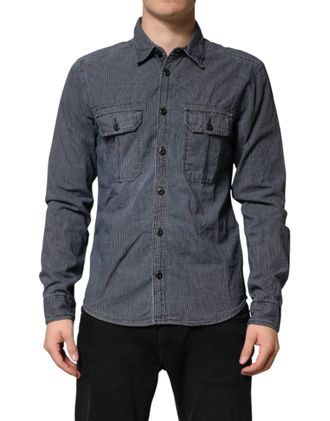 Jack & Jones Blue White Button Down Long Sleeves Men Denim Mens Shirt