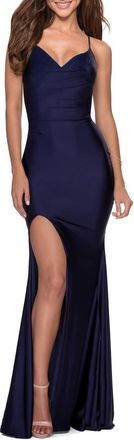 La Femme Form Fitting Jersey Prom Dress with Draped Neckline in Navy at Nordstrom, Size 12