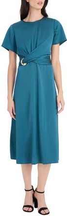 Maggy London Buckle Detail Hammered Satin Midi Dress in Green Heron at Nordstrom Rack, Size 16