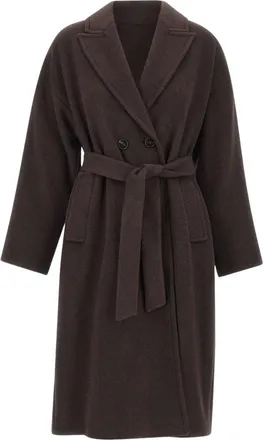 Marella Jassen, Dames, Bruin, XS, Wol, Saggio Jas met Ceintuur en Dubbele Rij Knopen
