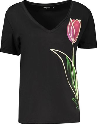 Desigual Tulip V-hals T-shirt met korte mouwen - Dames - Tops - Zwart - Maat: L Katoen