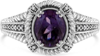 House of Brilliance 925 Sterling Silver Prong Set Natural Oval Shape 9X7 MM Purple Amethyst Solitaire and Diamond Accent Ring