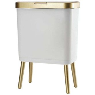 Elle Papelera De Ba&ntilde;o Con Tapa, Papelera De Pl&aacute;stico Con Tapa, Papelera Dorada De 4 Galones Con Bot&oacute;n, Papelera Blanca Estrecha Para Dormitorio Y Ba&ntilde;o