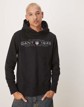 GANT 1949 - Felpa con cappuccio nera con logo a stemma-Nero