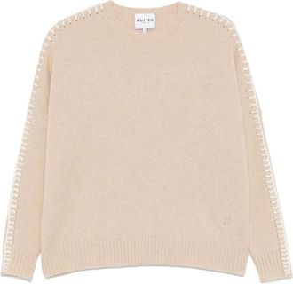 Kujten Cashmere Gebreide Trui met Whipstitch - Dames - Ronde hals truien - Beige - M - Truien & Vesten