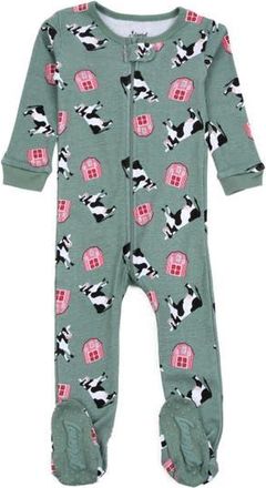 Leveret Footed Printed Cotton Matching Family Pajamas, Animal Kingdom Prints in Cow at Nordstrom, Size 18-24M