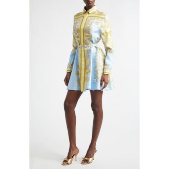 Versace Barocco Print Belted Long Sleeve Silk Shirtdress in Pale Yellow Pastel Blue at Nordstrom, Size 8 Us