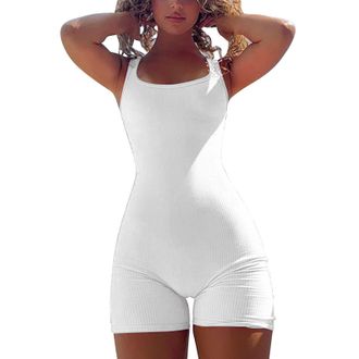 Generic Bodycon Rompers, Ribbed Jumpsuit for Women Tummy Control Square Neck Tank Tops One Piece Gym Unitard Jumpsuit One Piece Outfits (White,S)