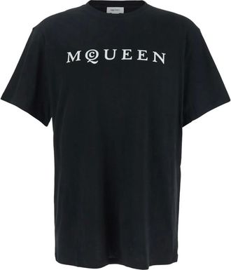 Alexander McQueen Tops, Heren, Zwart, S, Katoen, Zwarte T-shirts en Polos met Flock Logo Print